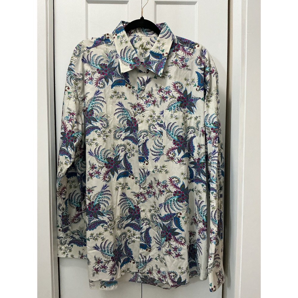 Alan Flusser Mens XXL Paisley Floral Button Down Shirt Long Sleeve White Multi L